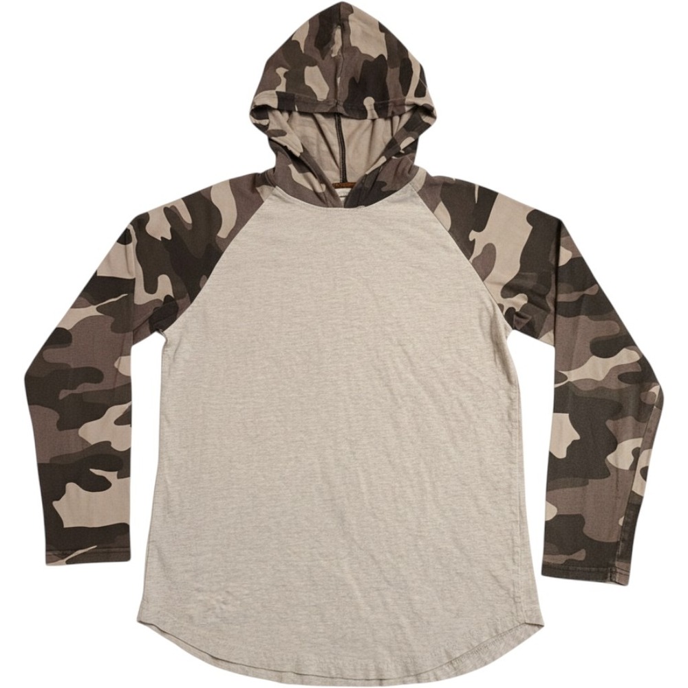 Westy Mfg Co Hooded T-Shirt Mens Small Gray Camo Raglan Long Sleeve Curved Hem